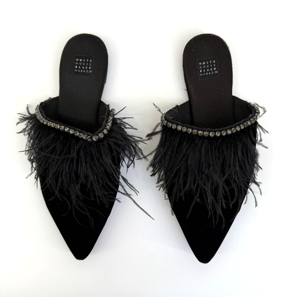 White House Black Market Women’s Flats 8 Black Velvet Feather Rhinestone Mules - Picture 3 of 7